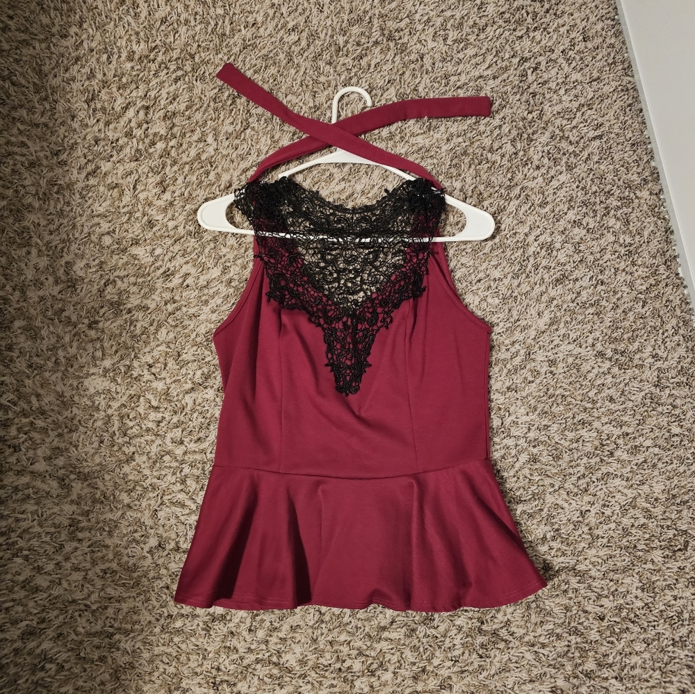 Red peplum lace front top